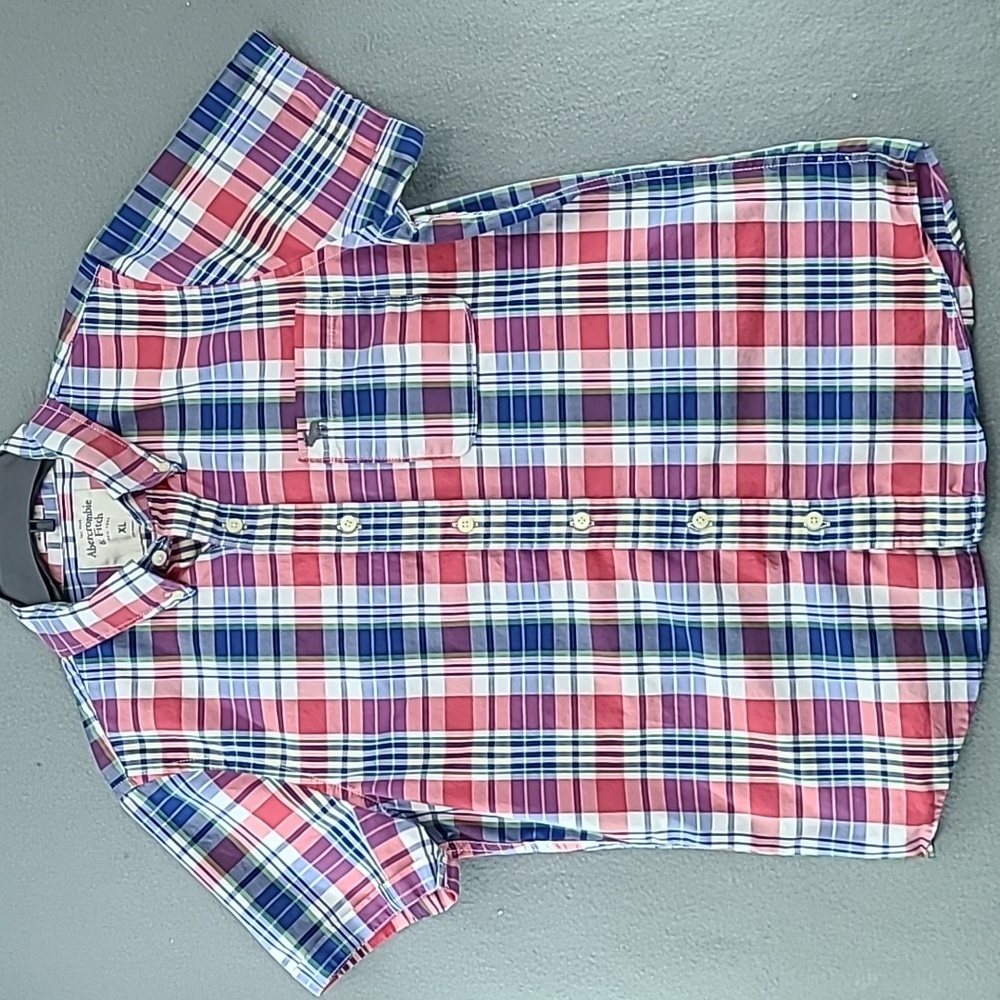 ABERCROMBIE & FITCH Boys Button Down Short Sleeve Red Blue Plaid Shirt - Size XL